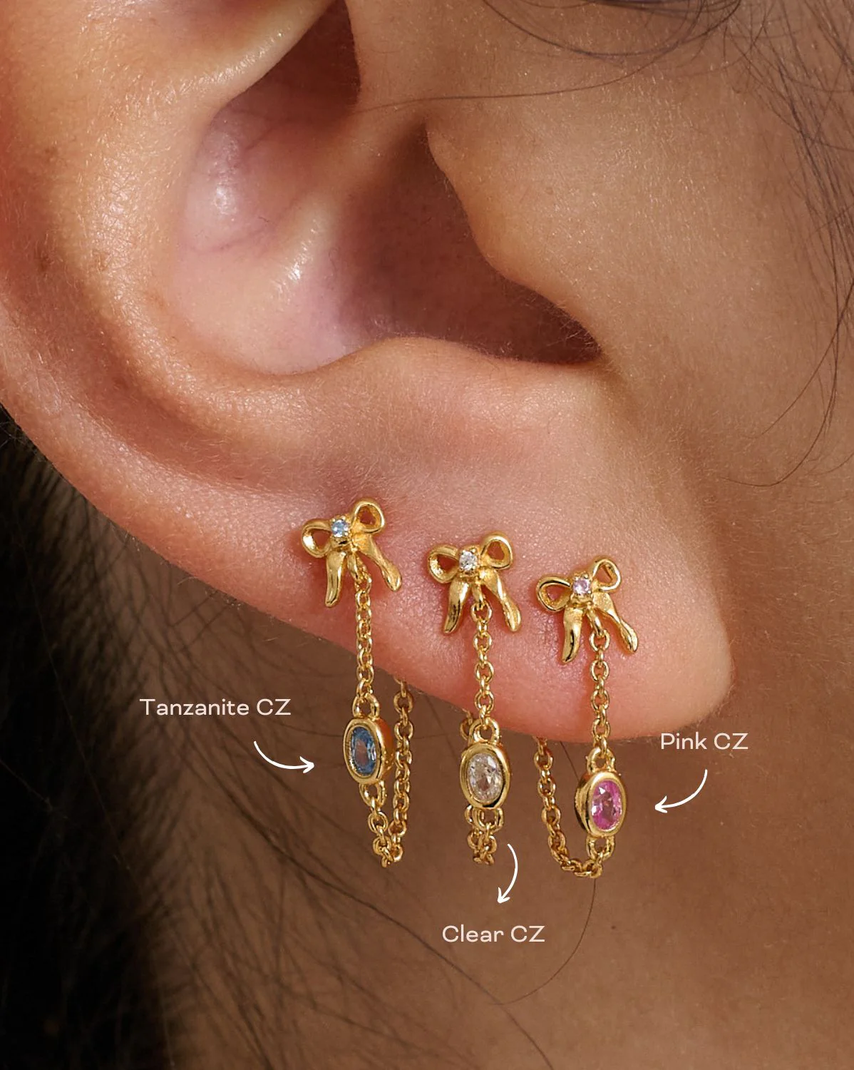 Bow Oval Gemstone Earrings - Pink CZ - Image 2