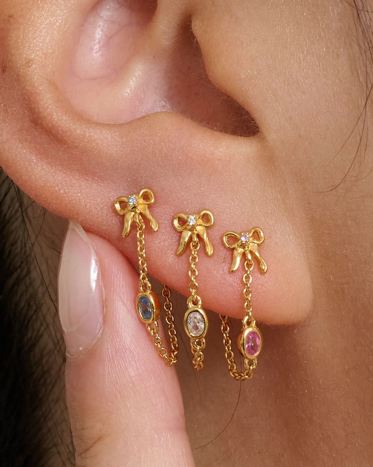 Bow Oval Gemstone Earrings - Pink CZ - Image 5