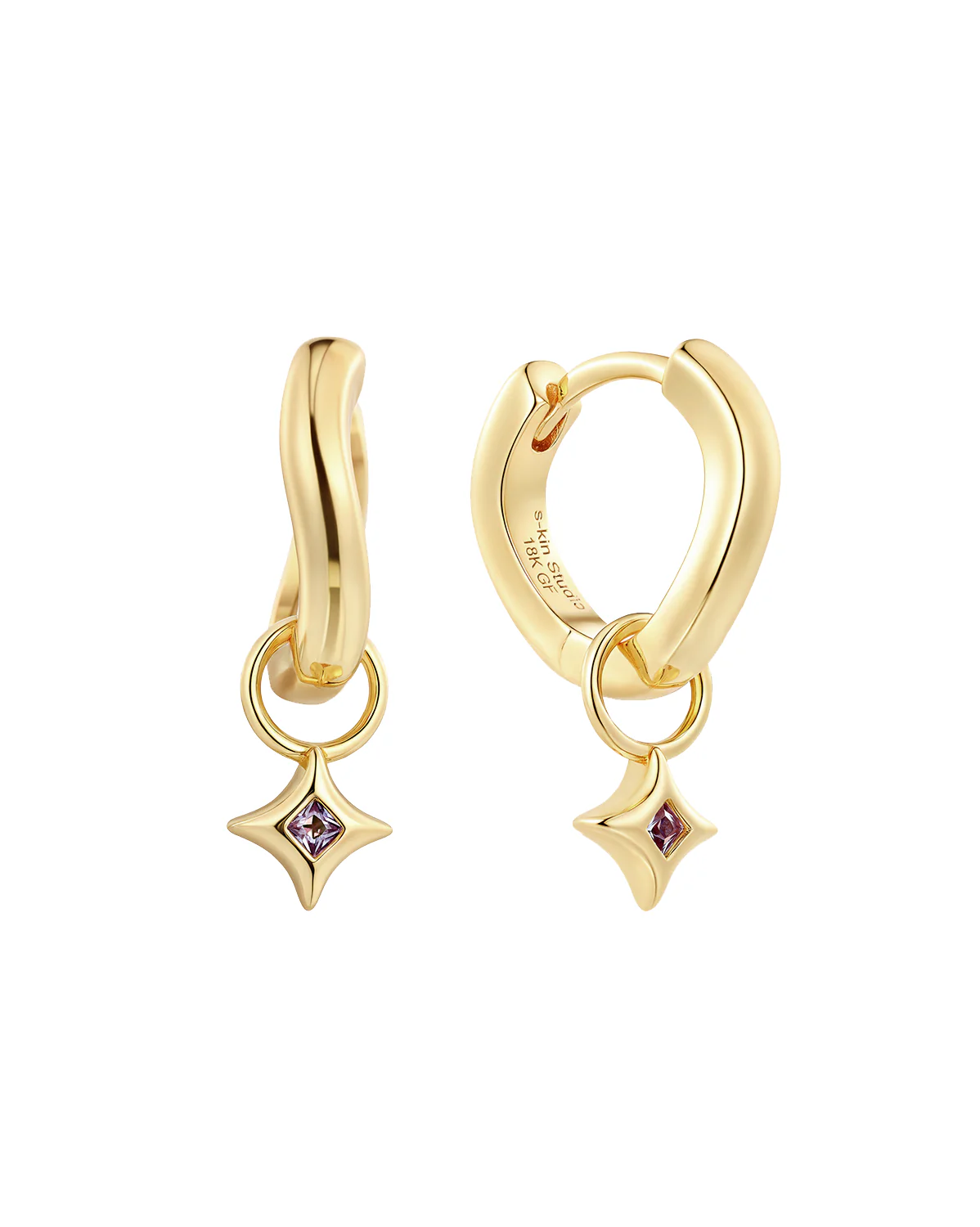 Wavy Sparkle Charm Hoops - Amethyst CZ (February)
