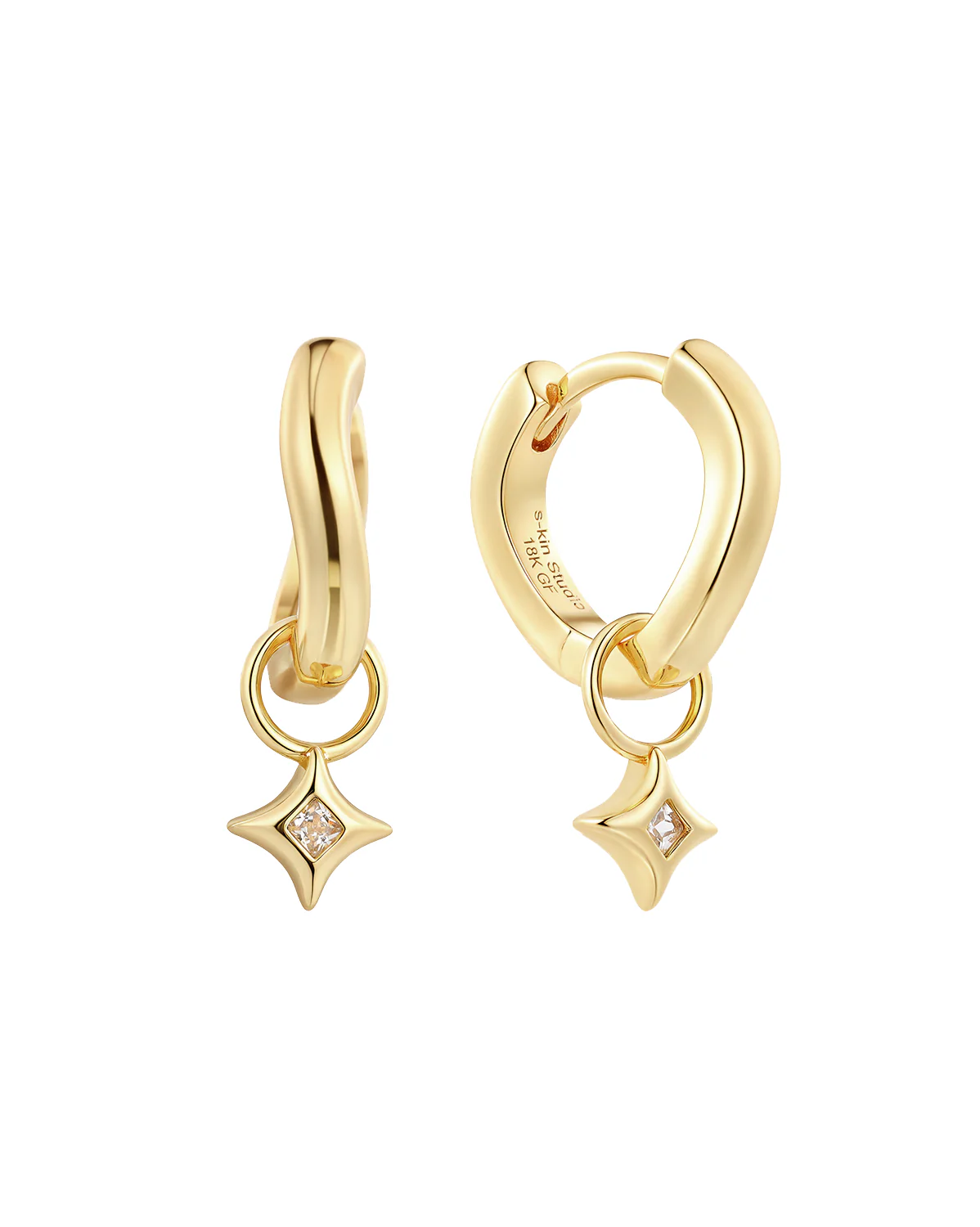 Wavy Sparkle Charm Hoops - Diamond CZ (April)